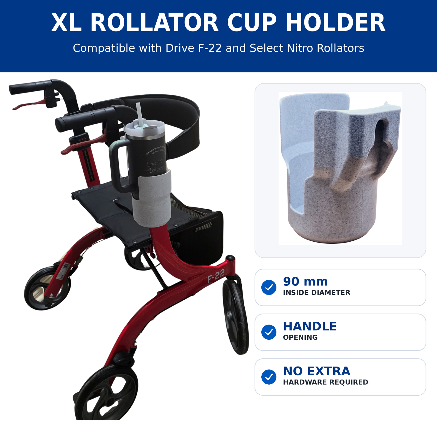 XL Rollator Cup Holder Compatible with Drive F-22 & Select Nitro Models